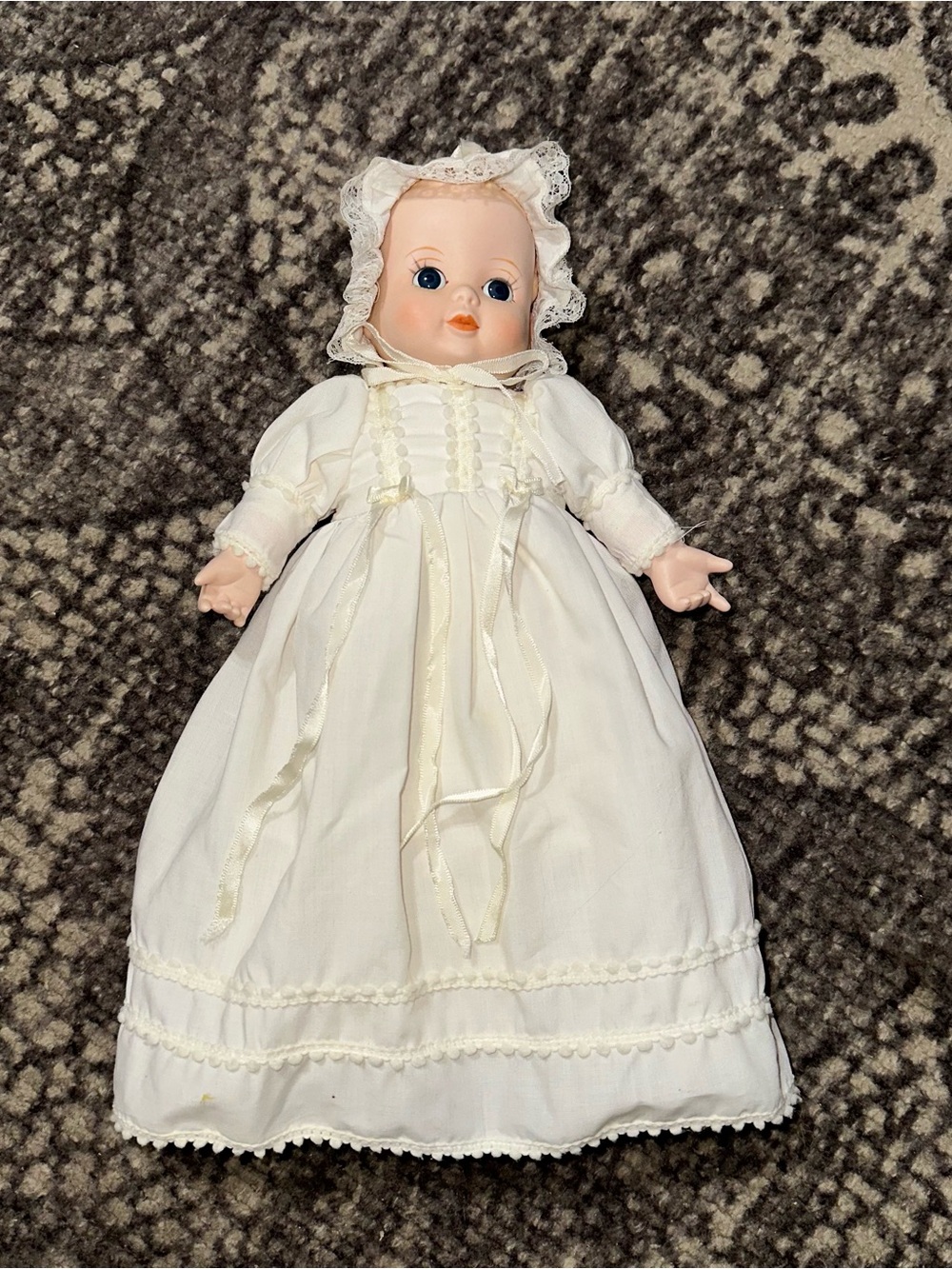 Russ Vintage White Porcelain & Cloth Baby Love Christening Doll with Lace Bonnet